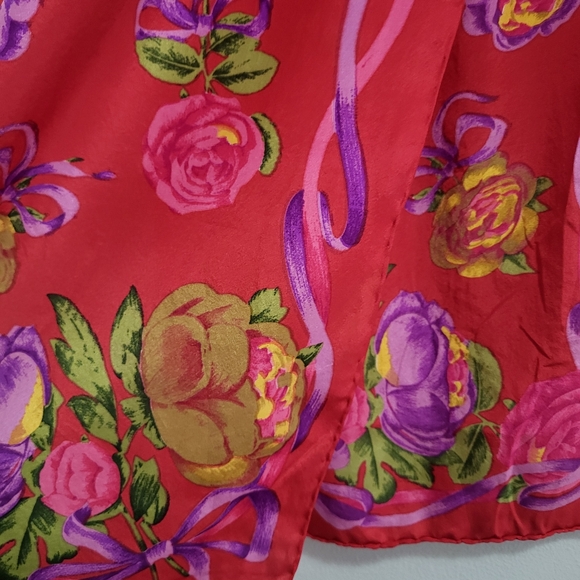 Oscar de la Renta Red Pink Purple Floral Scarf 50" x 11" - Picture 3 of 5
